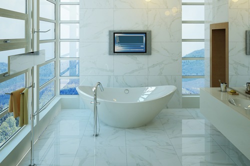 Marble look tiles in bathroom